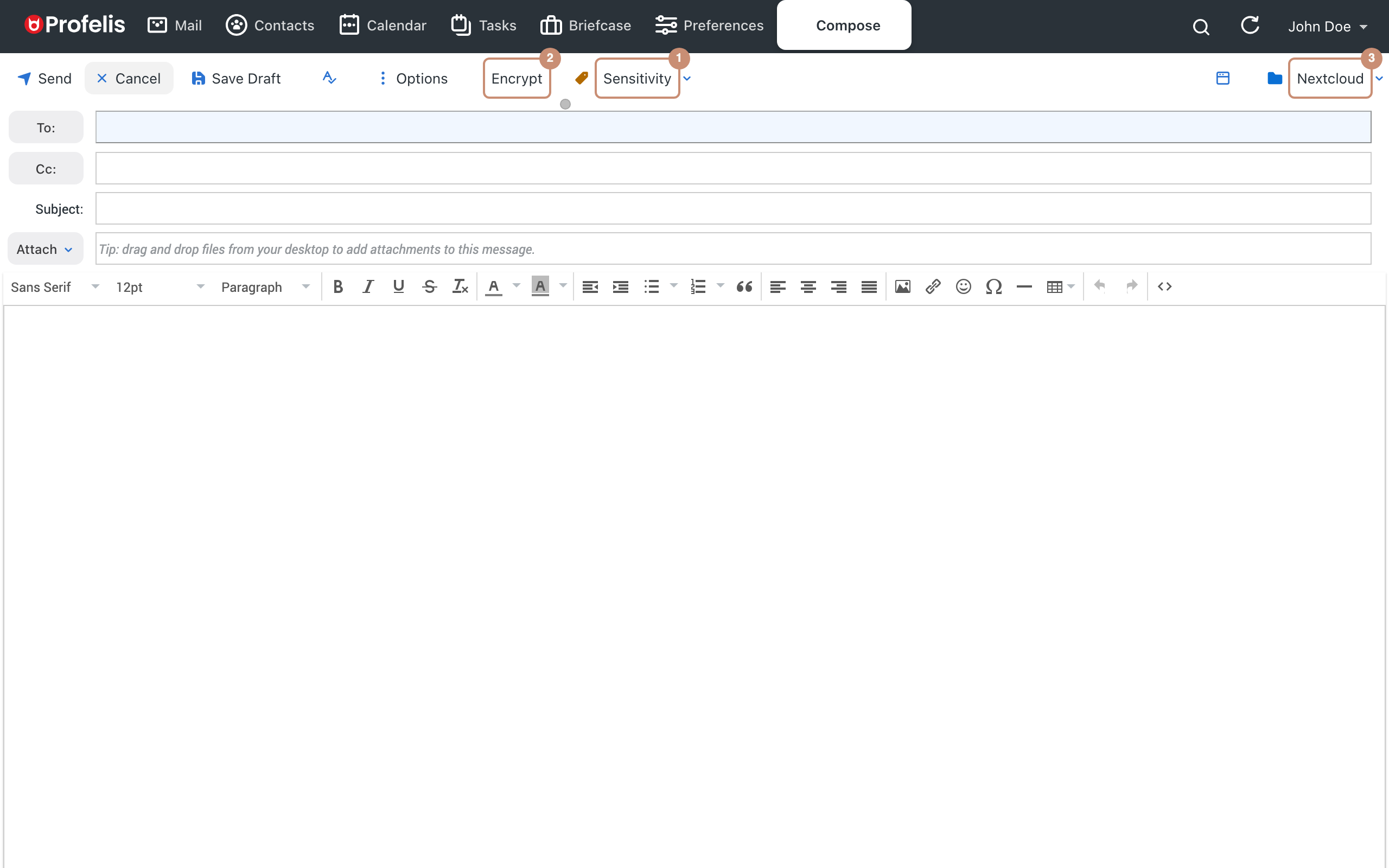 The compose toolbar: Sensitivity (1), Encrypt (2), Nextcloud (3)