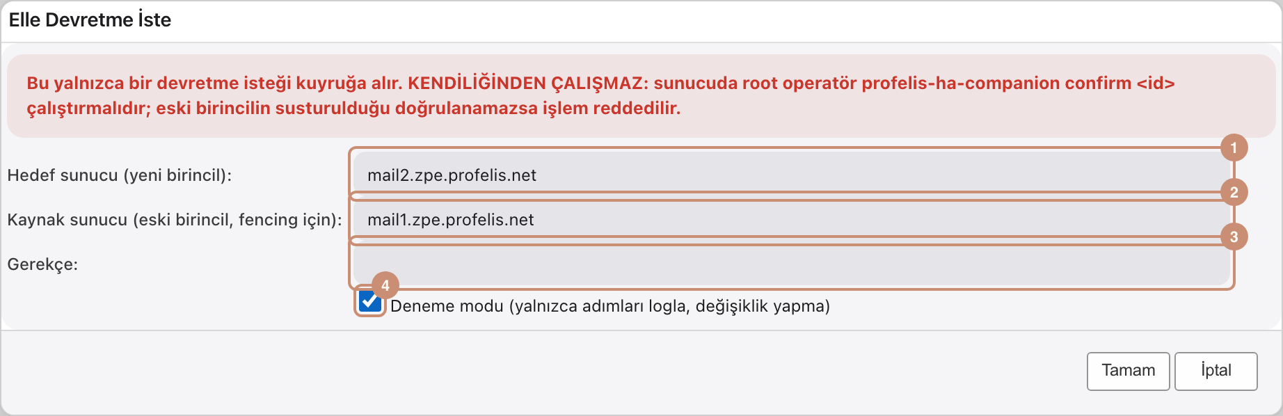 Elle Devretme İste penceresi