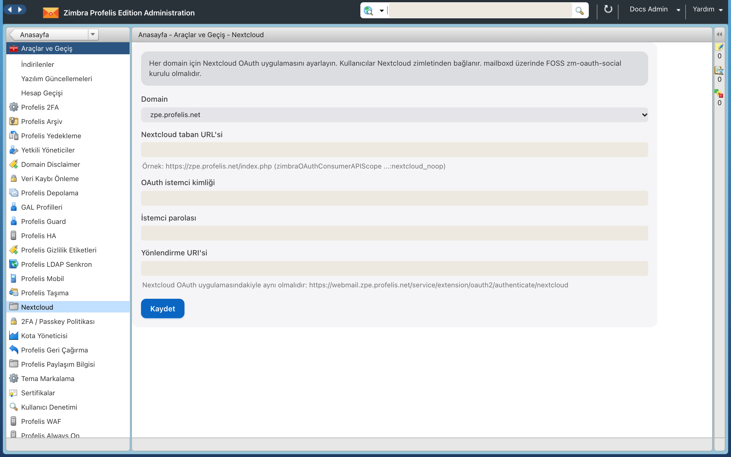 Nextcloud ekranı (kayıtlı değerler gizlendi)
