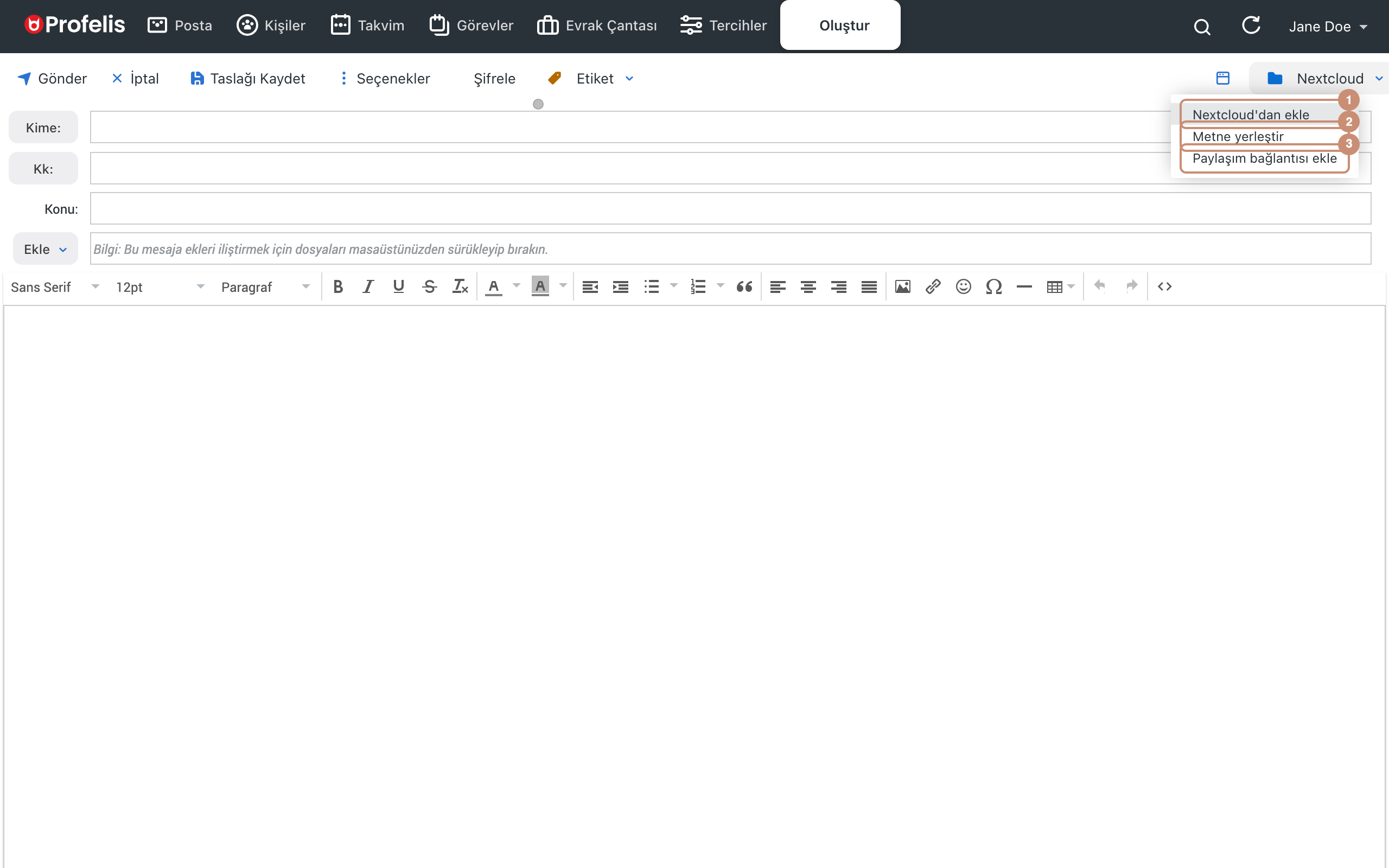 Yeni mesaj araç çubuğunda Nextcloud menüsü