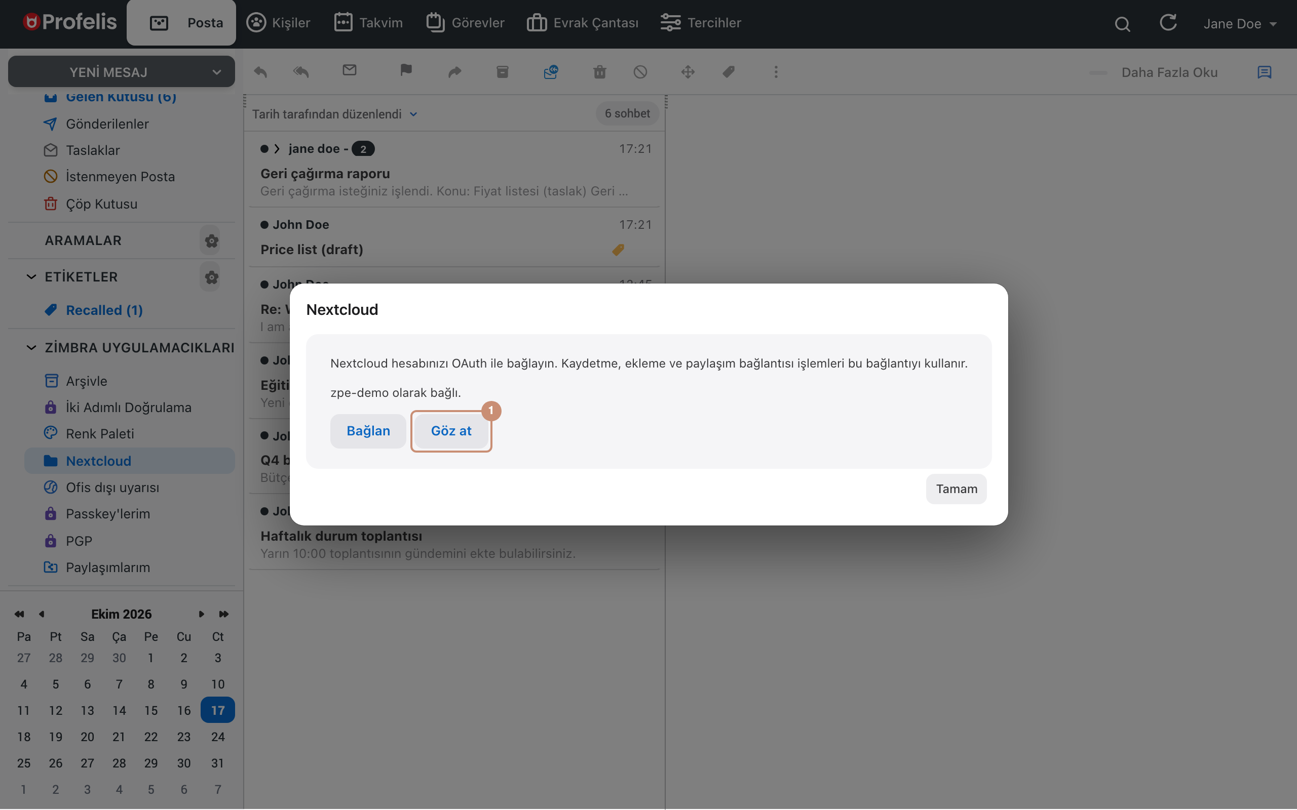 Nextcloud penceresi: bağlantı durumu ve Göz at (1)