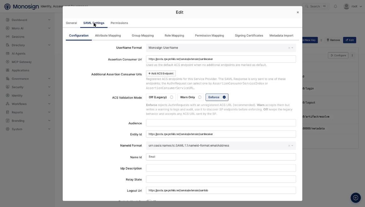 SAML Settings Configuration, üst kısım