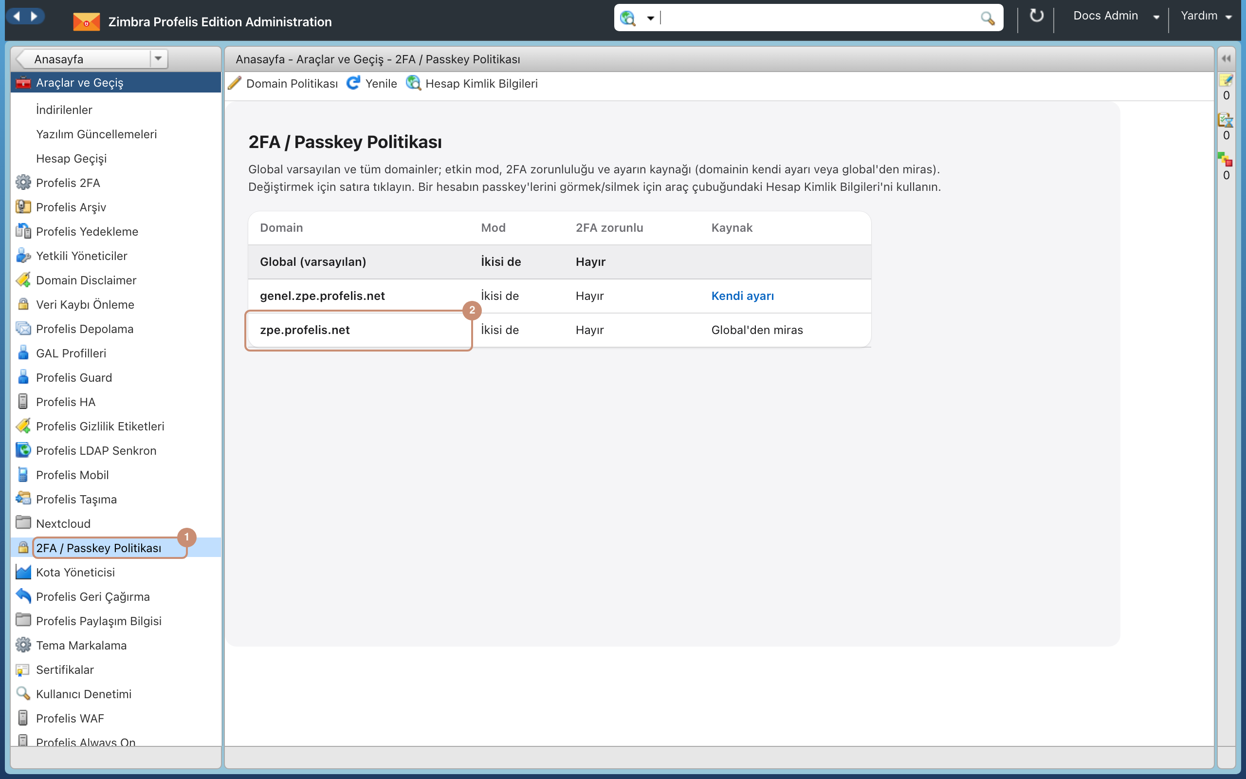2FA / Passkey Politikası: global ve domain satırları