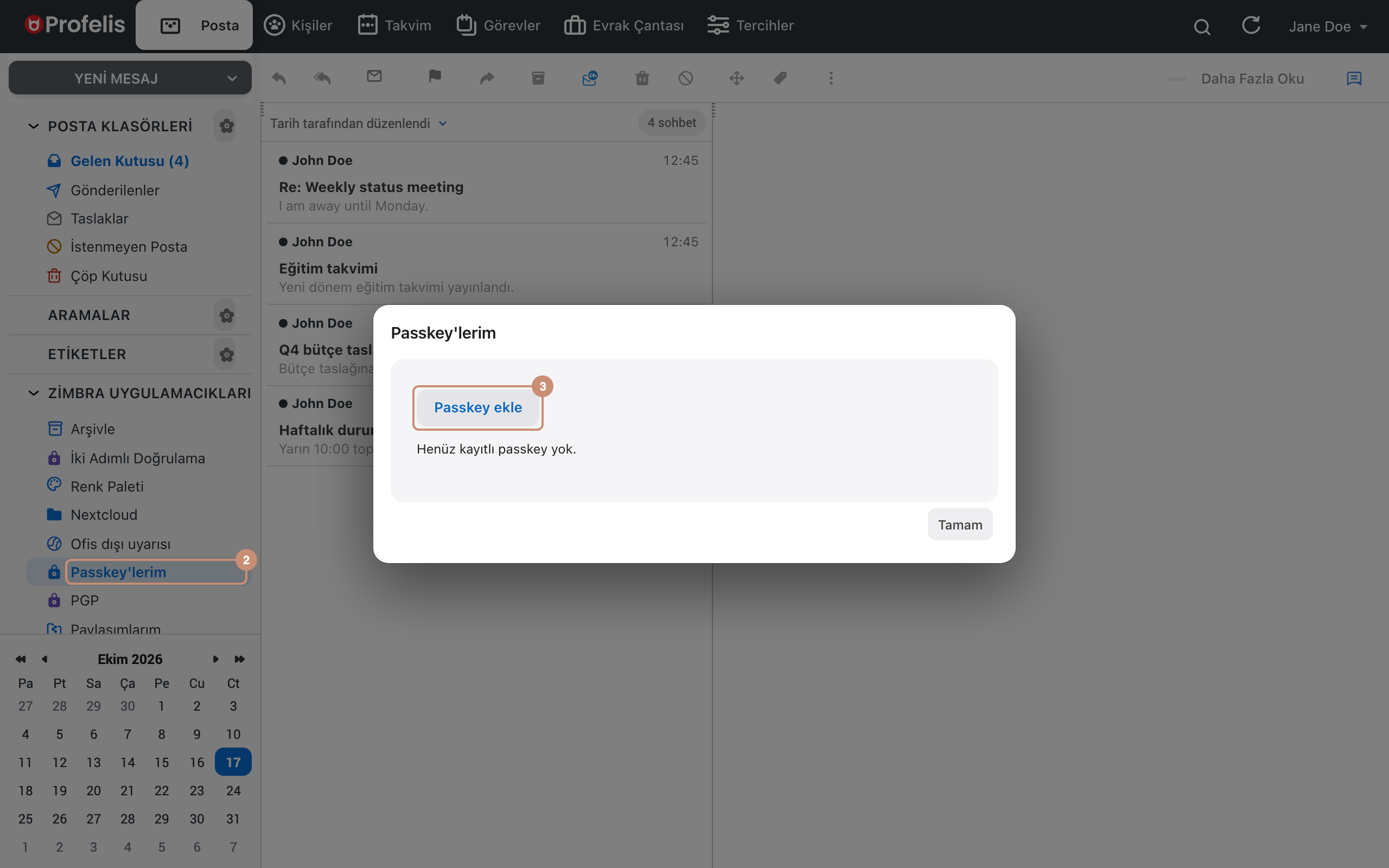 Passkeys (2) ve Passkey'lerim penceresinde Passkey ekle (3)